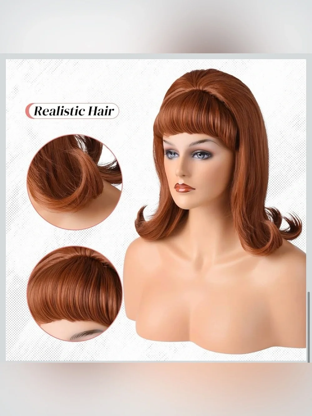 NWT LONAI Retro Brown Wig 50s 60s 70s Wig with Bangs  Synthetic Hair Ginger